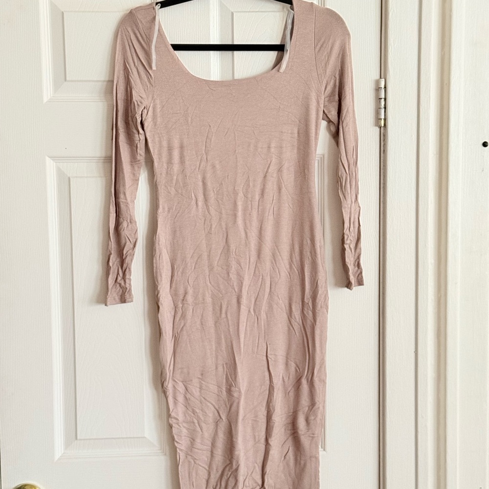 Naked Wardrobe Taupe Long Sleeve Midi Dress – Sleek Sculpted Classic - Picture 2 of 3